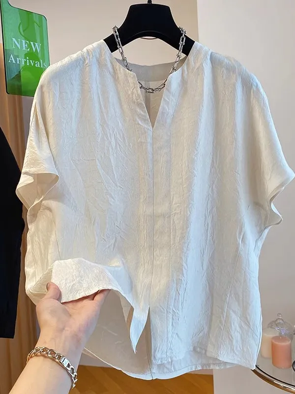 

Retro V-ne ort Sve T-irt Women's Summer Loose Fit Texture Sensation Slimming Top Commute Sle Basic Color