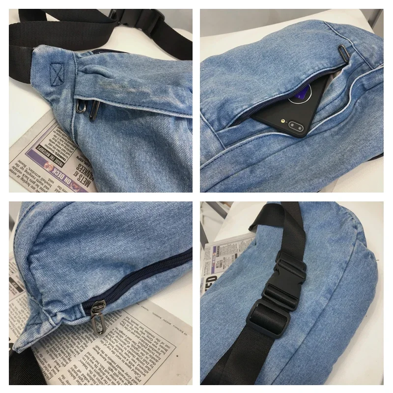 Belt Canvas Women's Bag Eco Bag Korean Messenger Bag Y2K Shoulder Cross Bag Chest Pack Zipper Purse Unisex Satchel Denim Pockets image 5