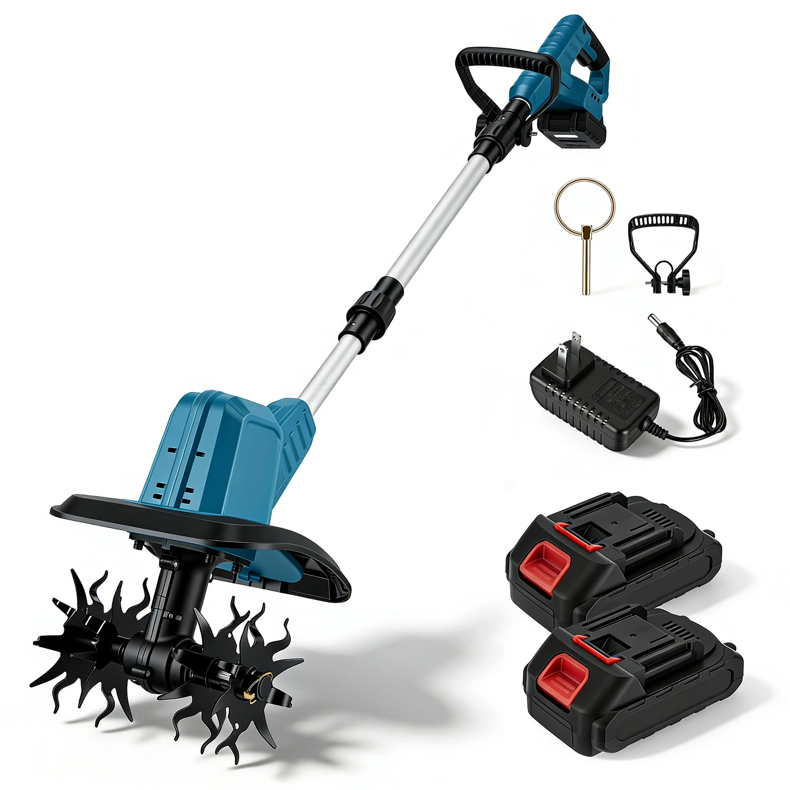 Gartenfräse mit Akku, 550W bürstenloser Motor, 16 cm Arbeitstiefe, 23 cm Arbeitsbreite, 2 x 4,0 Ah Akkus, verstellbarer Griff, elektrische Gartenfräse zum Einstreuen und Gärtnern