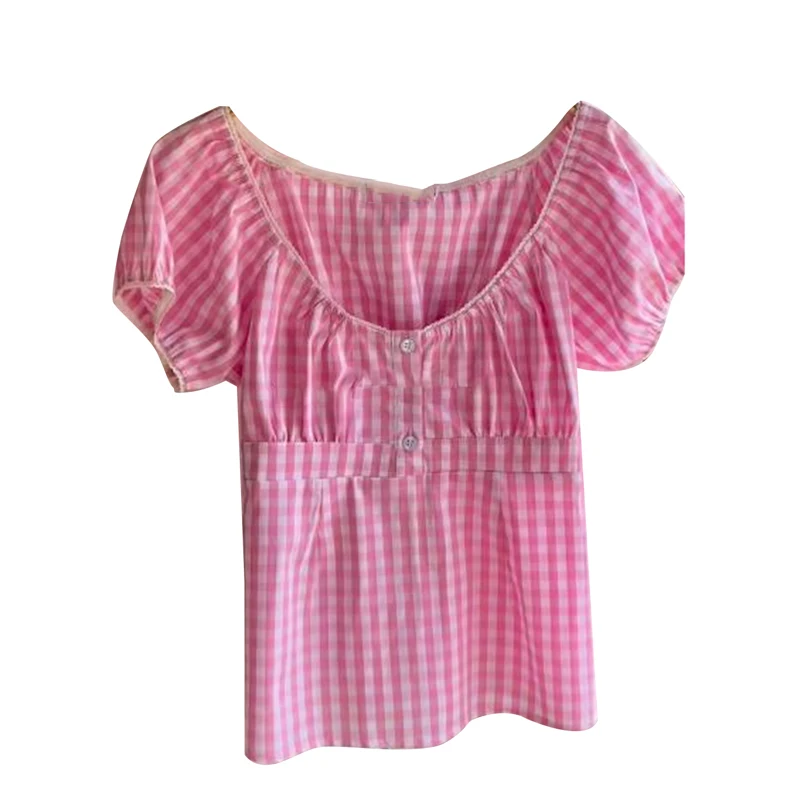 

Maemukilabe Women Cute T-shirt 90s Vintage Square Collar Milkmaid Tees Cottage Plaid Button Up Blouse Y2k Fairy Gyaru Crop Tops