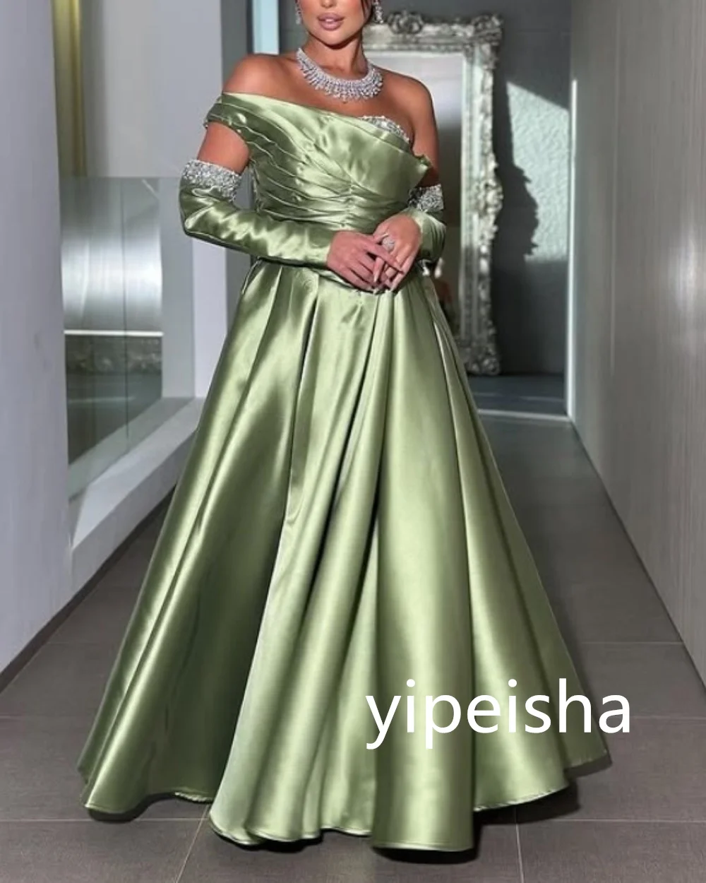 Customized A-line One-shoulder Satin Evening Dresses Draped Floor-Length Prom Gowns Pleat Backless Sequined Party Dresses