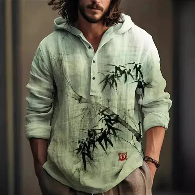 Spring and Autumn Shirt Independent Station Casual Bamboo Hawaiian Style Printed Shirt Men's Top Long Sleeve Hooded Pullover