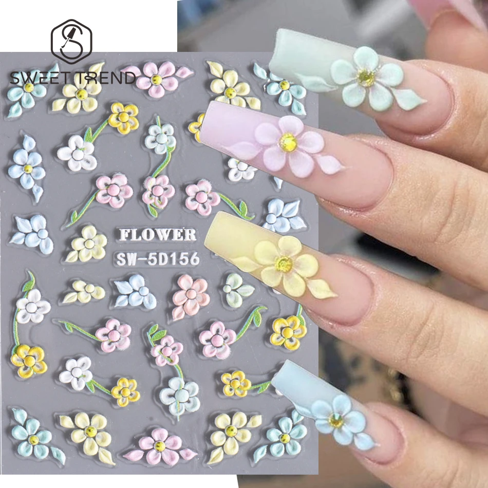 1/2pcs Colorful Flower 5D Embossed Nail Sticker Acrylic Peta