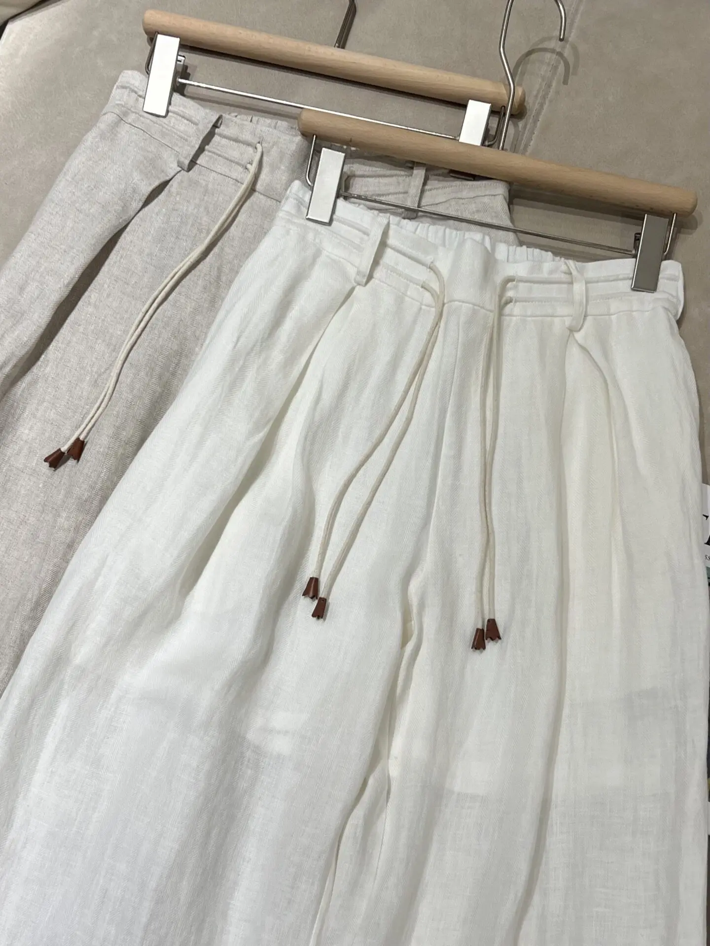 2026 Spring Summer New Women's 100% Linen Elastic Waistband Drawstring Tied Casual Pants Wide-leg Pants