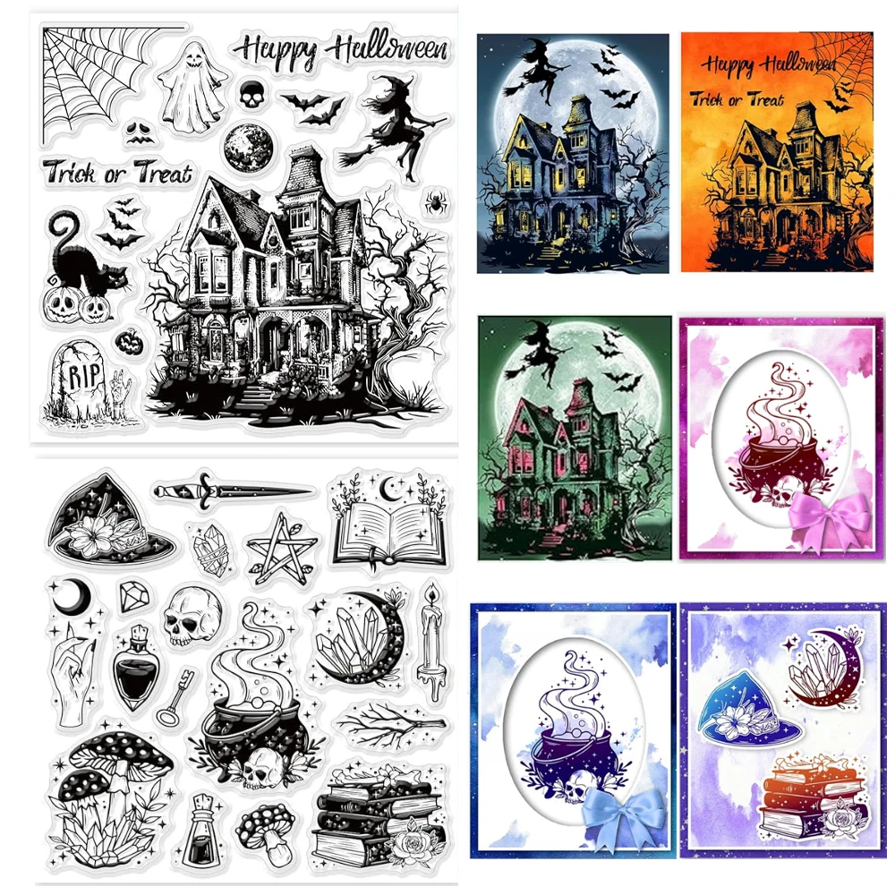 

Halloween Horror House Clear Stamps for DIY Scrapbooking Halloween Castle Background Silicone Seals 15x15cm Transparent Stamps