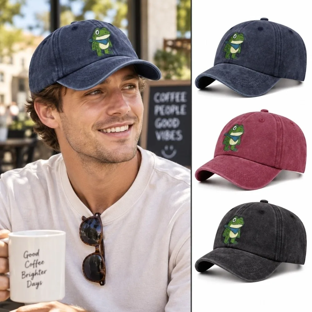 Casual Vintage Washed Cotton Baseball Cap Retro Sun Protection Frog Embroidery Dad Hat Adjustable Duckbill Cap For Men Women
