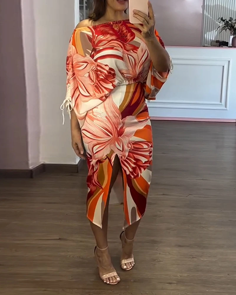 

Укороченный топ с открытыми плечами и цветочным принтом и юбка с разрезом и высокой талией, комплект из 2 предметов, повседневный облегающий наряд с боковой завязкой