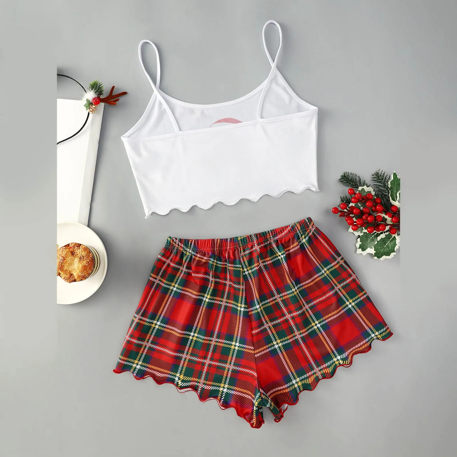 New Style Lady's Santa Claus Pattern Lace Edge Camisole With Shorts Pajama Set Cute Comfort Sexy Home Wear Sleepwear Underwear