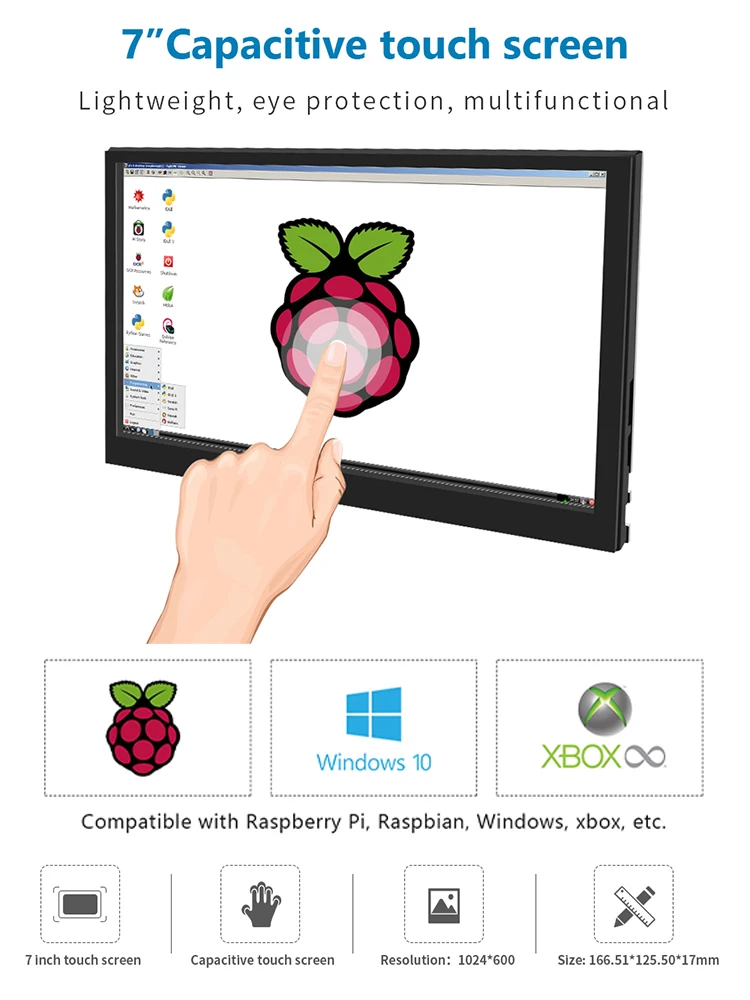 

7-inch LCD display screen, compatible with Raspberry Pi, HDMI compatible touch screen, supports 1024x600 high-resolution system