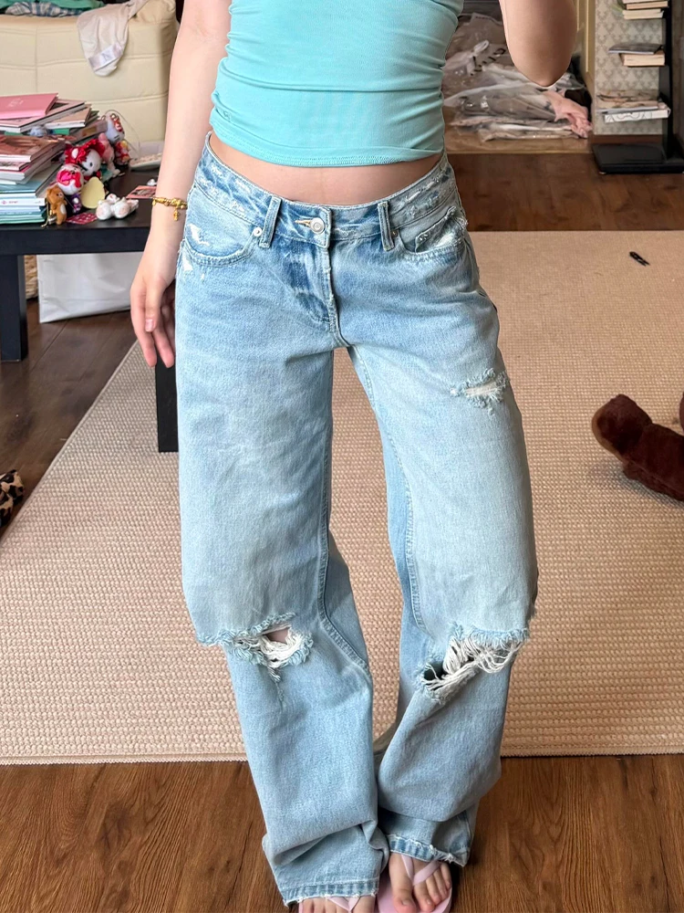 Washed Blue Jeans High Waist Slimming Long Pants Women's Street Style Low Waist Hole Design Casual Summer Denim Jeans