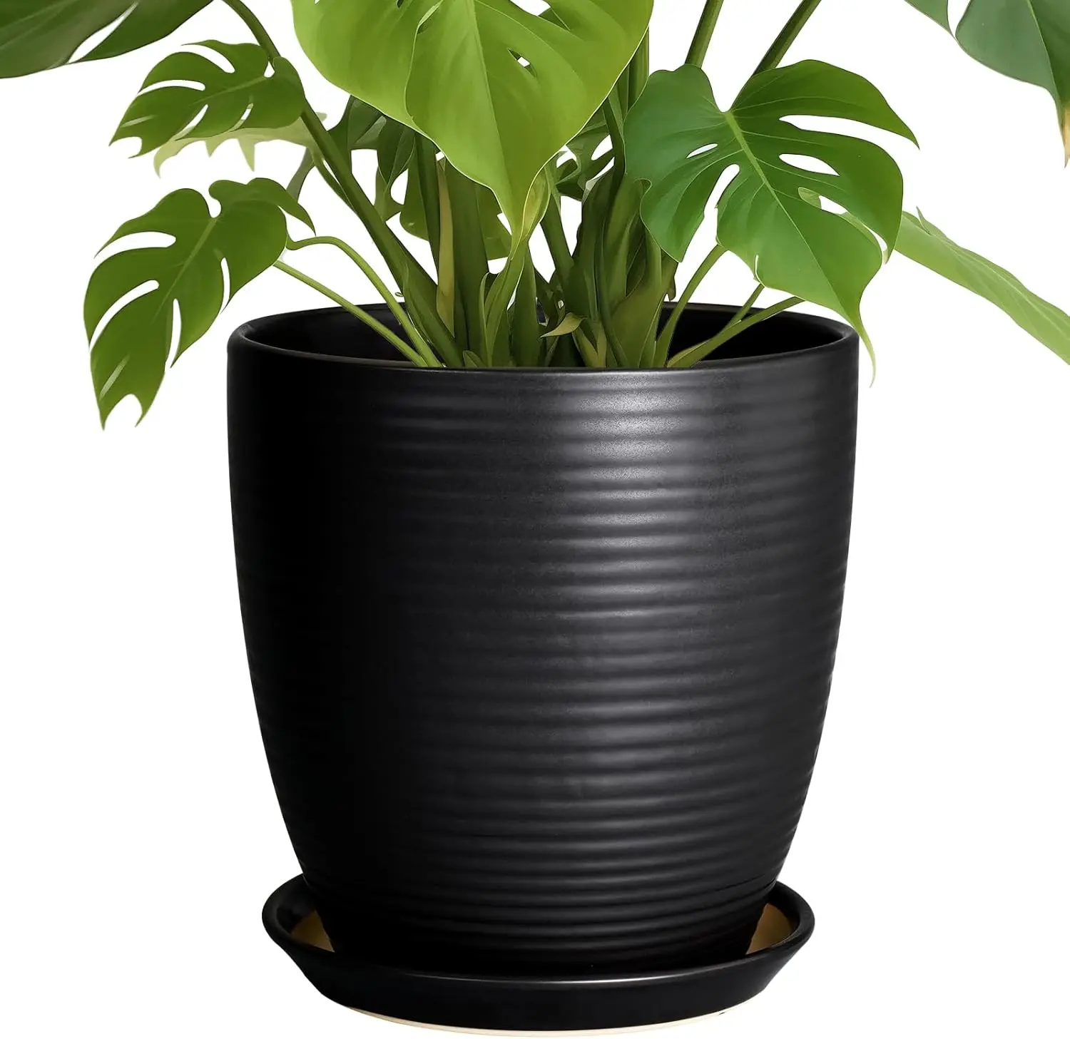 

10 Inch Glazed Ceramic Plant Pot with Drainage Hole and Saucer, Large Round Planter for Indoor Outdoor Plants in Black