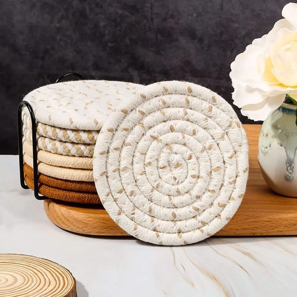 Minimalist Set of 8 Coasters with Bracket 4 Colors Heat Insulation Pad 4.3 Inches Cotton Woven Table Mat Desk