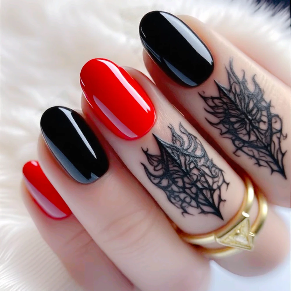 

48Pcs Wholesale Acrylic Fake Nails Press Ons With Glue Black Red DIY Woman Finger False Nails Art Tips Manicure Accessory