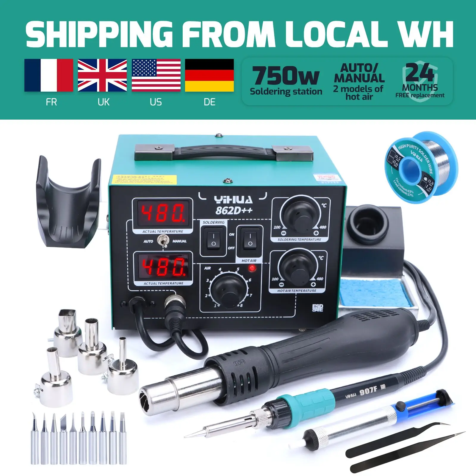 YIHUA 862D ++ 750W Hot Air Rework Station การประสาน Iron Professional เชื่อมอุปกรณ์ PCB ชิปซ่อม