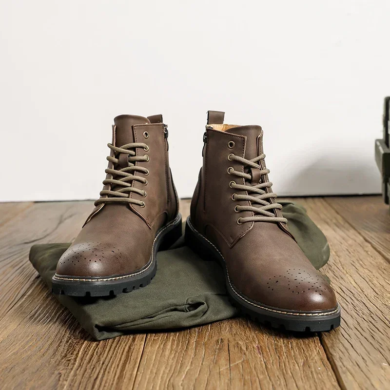 

High Quality Brand Men's Leather Casual Shoes Lace Up Anti Slip Soles Men's Workwear Boots Retro Brown Outdoor Short Boots