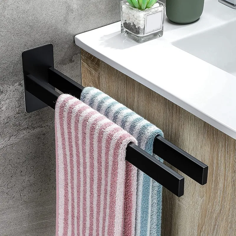 Towel Holder, Double Square, Stainless Steel Bathroom Towel, Rail, No Drilling, Self-Adhesive, Wall-Mounted