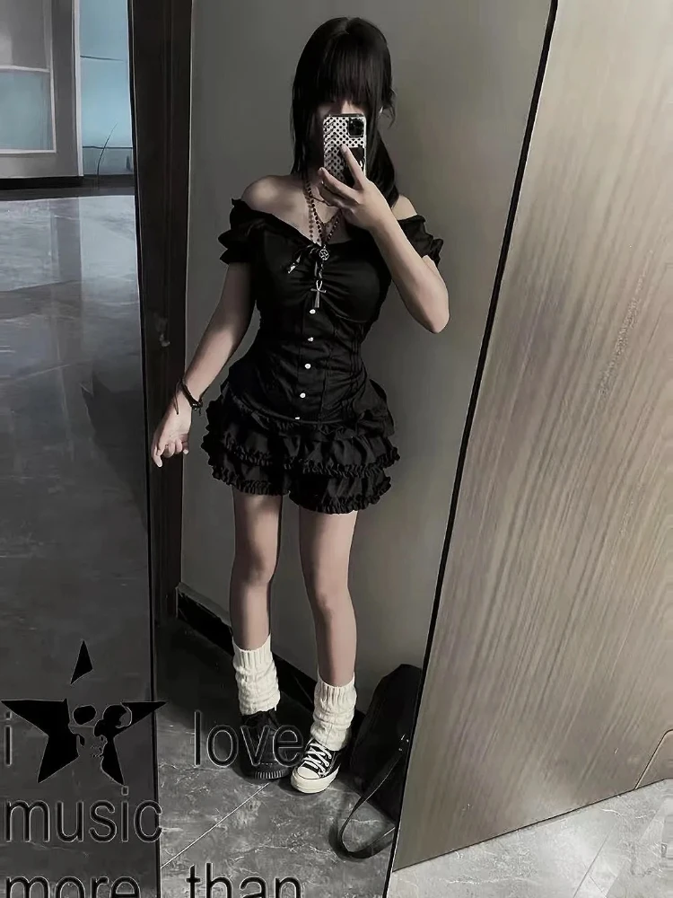 القوطية الأسود الدانتيل تقليم مثير القمم المرأة كبيرة الحجم Y2K خمر نفخة كم تي شيرت الإناث Harajuku ريترو الصيف الشارع الشهير بلوزة