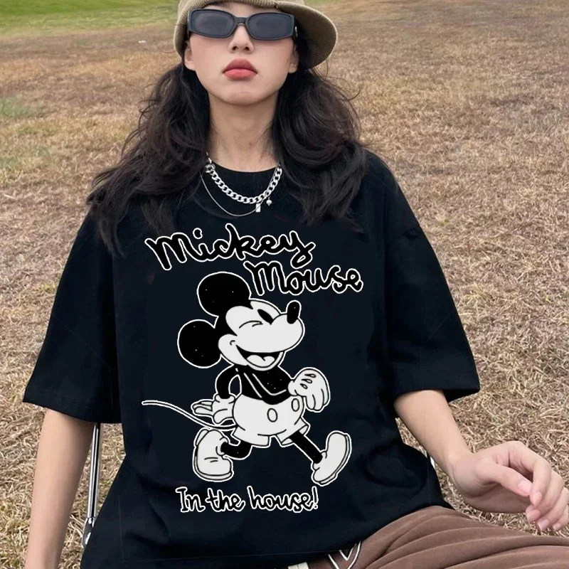 Kawaii Mickey Mouse Summer T-shirt Ladies Black Top Ladies Casual O-Neck Top Ladies Kormen Korean Style Harajuku Clothing