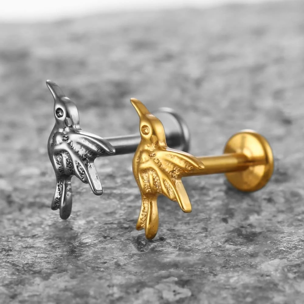 Twolobes 1PC ASTM F136 Titanium Hummingbird Labret Flat Back Studs 16G 18G Internally Threaded Bird Cartilage Piercing Jewelry