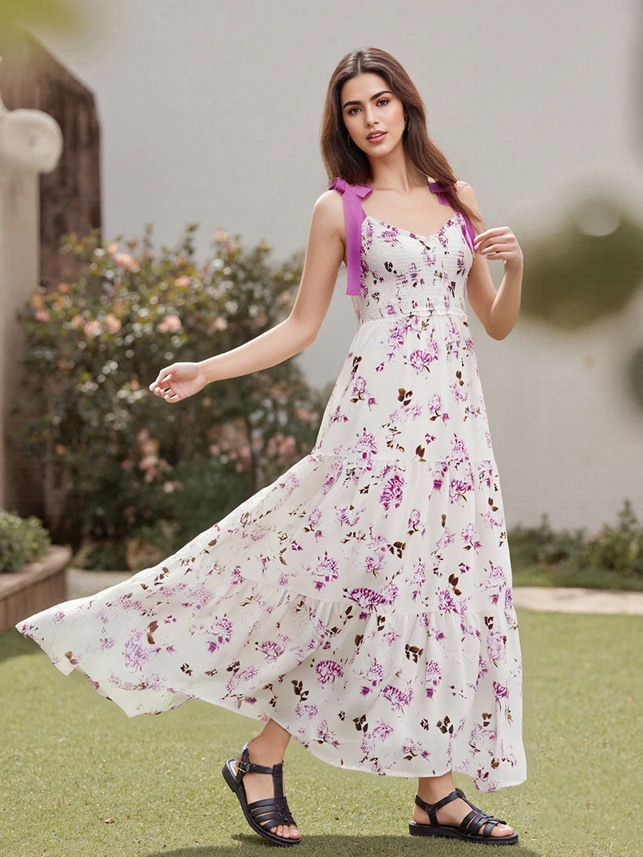 جديد أزياء المرأة زلة اللباس أكمام عارية الذراعين التعادل متابعة زهرة طباعة فستان محكم من عند الصدر ويتدلى بشكل واسع الصيف فستان طويل الشارع الشهير S-XL