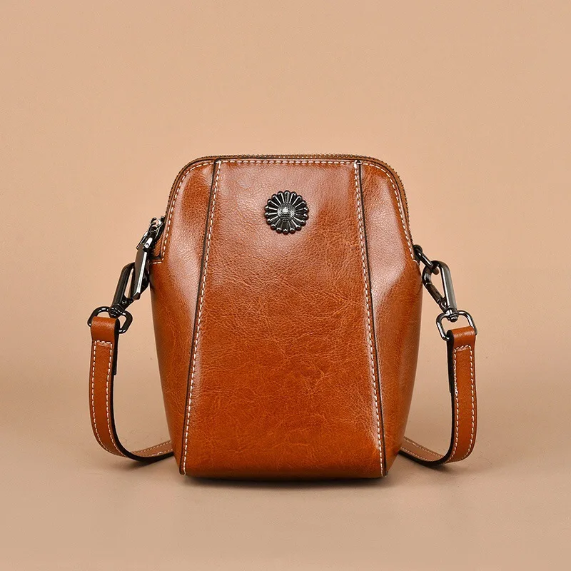 Women\'s Small Mobile Phone Bag Single Shoulder Messenger Purse Ladies All-match Oil Wax Cowhide Leather Casual Crossbody Bag