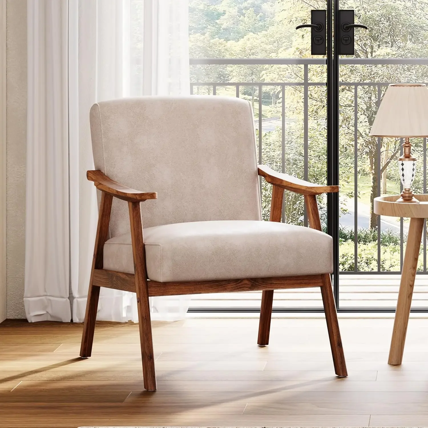 

Mid Century Accent Chair, Boho Farmhouse Accent Chairs for Living Room, Retro Single Lounge Reading Armchair Solid Wood Frame