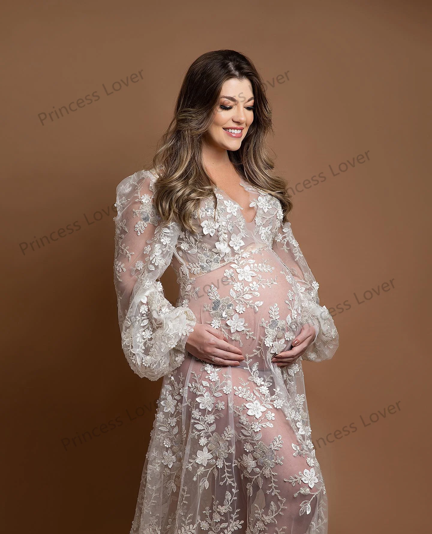 Luxury Hand Made Maternity Photoshoot Dress Long Sleeves Floral Beading Prom Dresses See Thru Women Baby Shower Gown