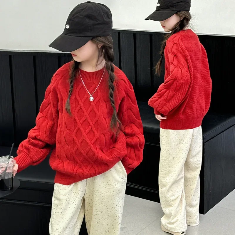 

Girls Sweater 2024 Winter New Childrens Clothes Girls Baby Foreign Style Thickened Red Sweater Casual Simple and Daily