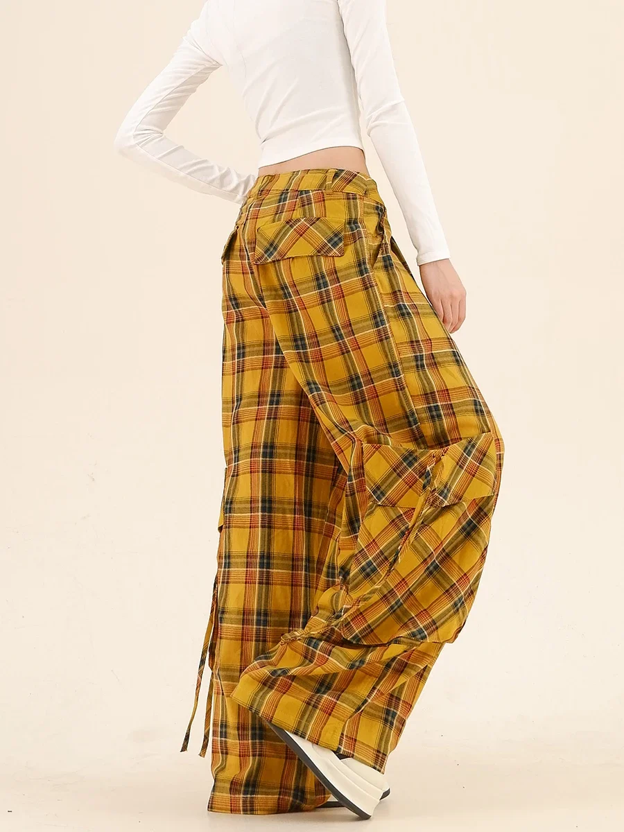 Big Pocket Plaid Strap Casual  2024 Autumn New Loose Bf Korean Version Retro Wide-leg Pants Trousers Women