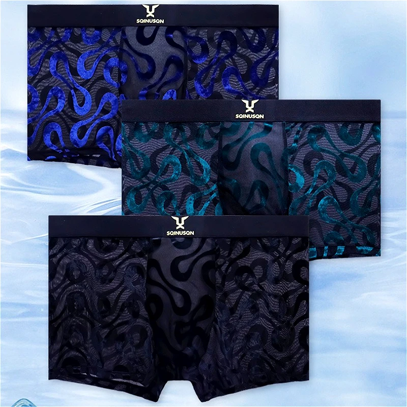 Sexy Underwear Mens Ice Silk Flat Boxer Hombre Men Velvet Mesh Boxers Shorts U Convex Pouch Soft Man Breathable Panties Knickers
