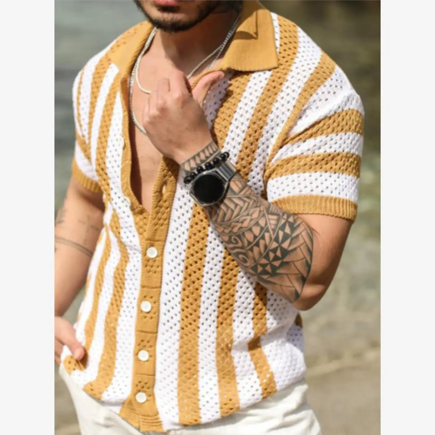 New 2025 Men's Casual Loose Hollow Stripe  Shirt Short Sleeve T-Shirt City Walk Cool Feeling Thickened Cotton Clean Fit