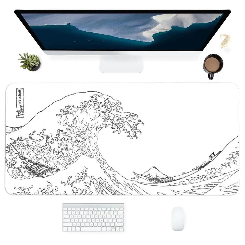 

White Japanese waves Extended Pads Mouse Pad Large Gaming Non-slip Mousepads Laptop Tablet Mat Mini PC Desk Accessory Aesthetic