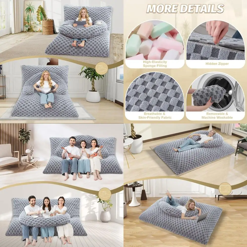 أريكة سرير قابلة للتحويل مع غطاء قابل للغسل ووسادة محمولة على شكل حرف U، كرسي بين باج رمادي فاتح عملاق #1