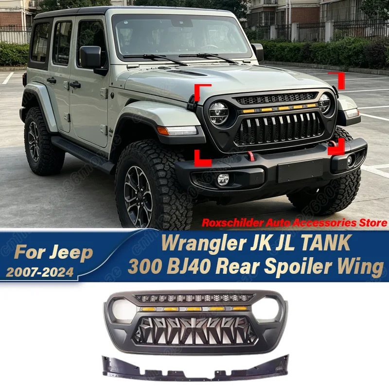 

For Jeep Wrangler JL Gladiator JT 2018 2019 2020 2021 2022 2023 2024 2025 Automobile Air Intake Grille Off Road with Lights