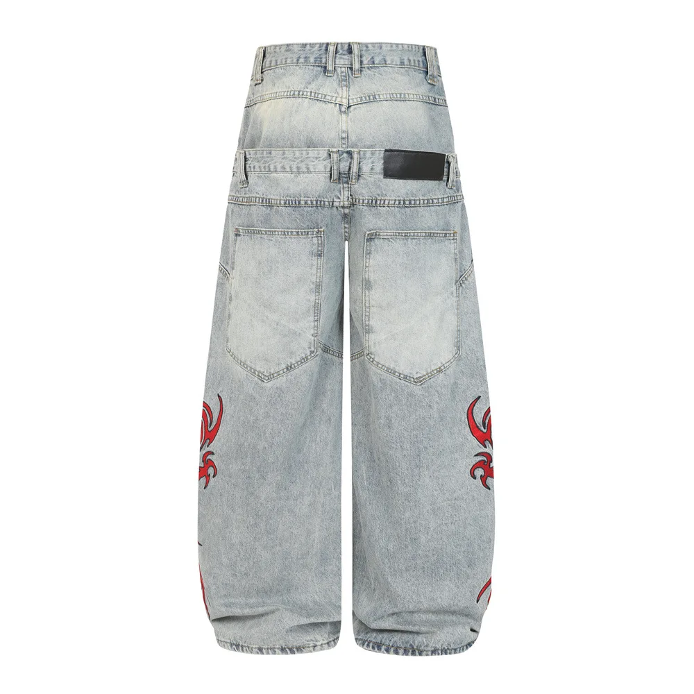 Men's Fashion Loose Fit Vibe Style Hip Hop Jeans Pants With Flame Embroidery Streetwear Y2K Denim Trousers Double Waist Design