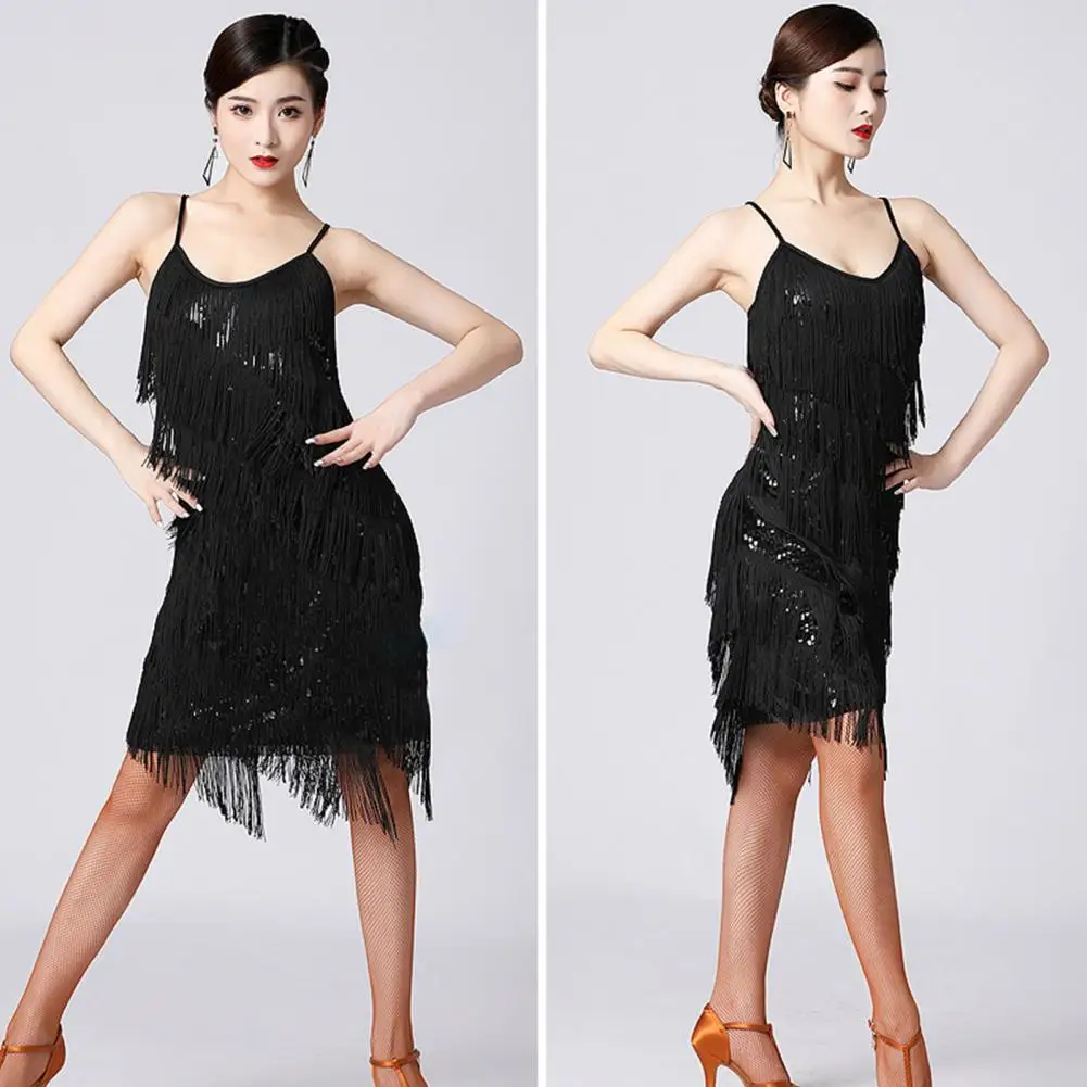 Soft Touch Dress Elegant V-neck Tassel Latin Dress Tiered Fringe Flapper Dress Sequin Evening Nightclub Costume for Women Solid