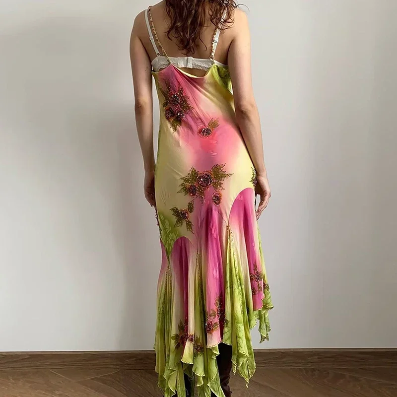 Elegant Off Shoulder Sequins Irregular Dress Women Fashion Printed Slim Fit Long Dress Summer Sexy Sleeveless Hollow Party Dress view 5
