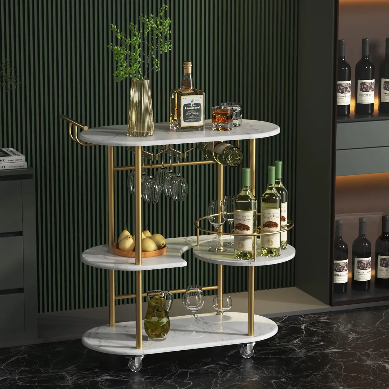 Carts with 4-Tier Storage Shelves, Mobile Bar Serving Cart with Wine Rack and Glass Holder, for The Home, Kitchen, Living Room,