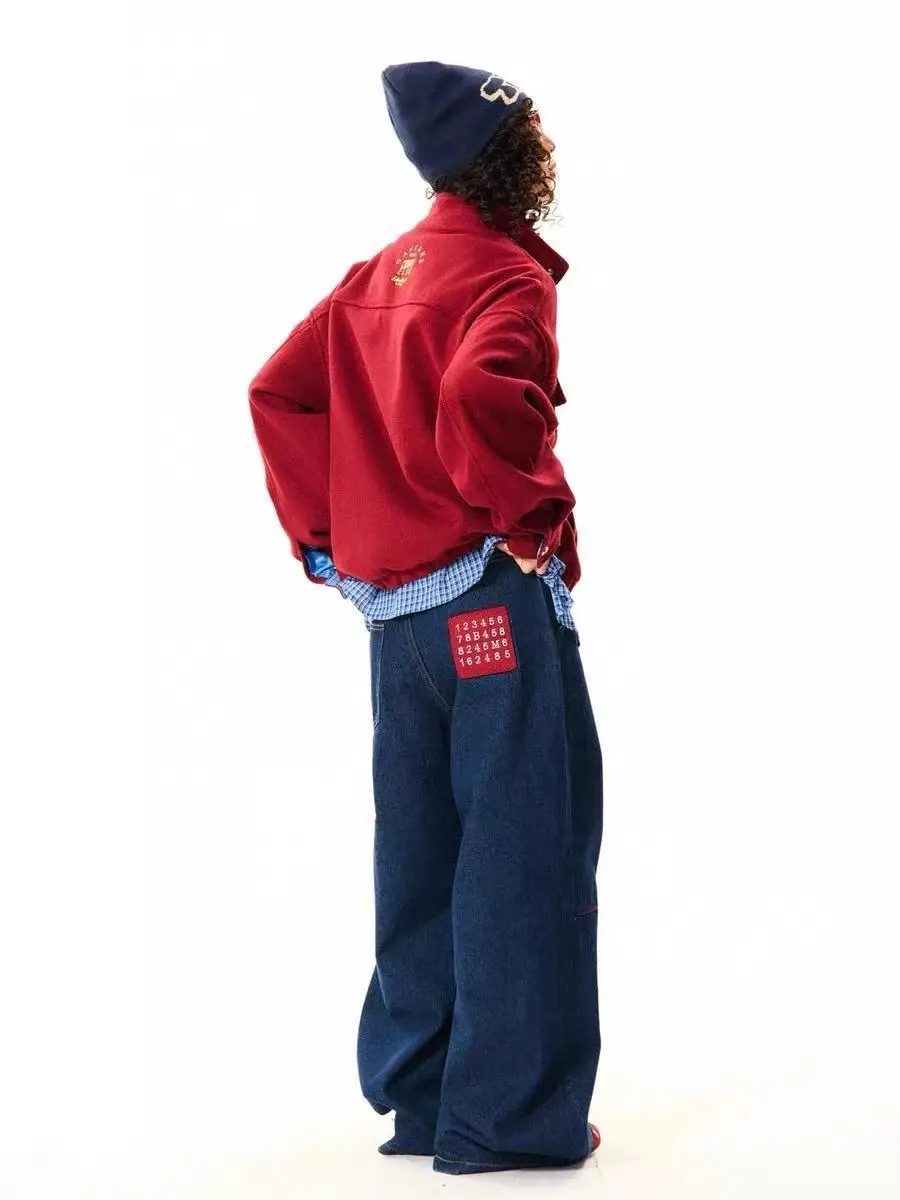 Women's Deep Blue Loose Jeans Unisex Summer Street Wide Leg Trousers Casual Cool Girl Bottoms Female High Waist Denim Pants