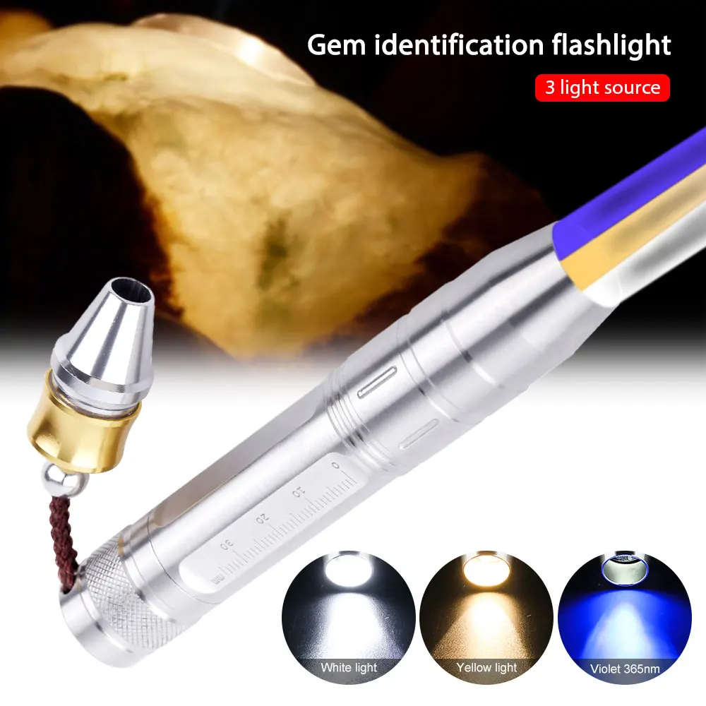 

Лампа с тремя источниками света, Ультрафиолетовый светодиодный фонасветильник белого/желтого/365 нм, 3 режима освещения, детектор нефрита