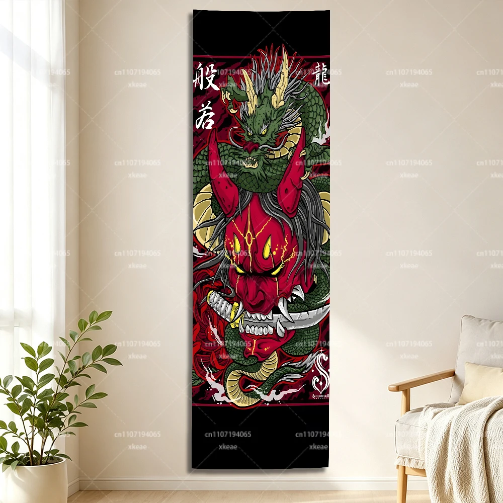Japanese Oni Hannya Dragon Vertical Tapestry, Asian Traditional Wall Hanging, Samurai Demon Mask Art Poster, Home Bedroom Dorm