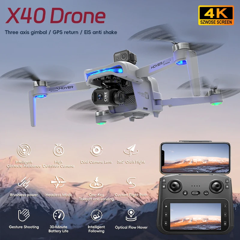 New X40 Max Drone 4K Professional HD Camera 3-Axis Gimbal Aerial 4.5-Inch Large Screen Obstacle Avoidance GPS Security FPV Drone