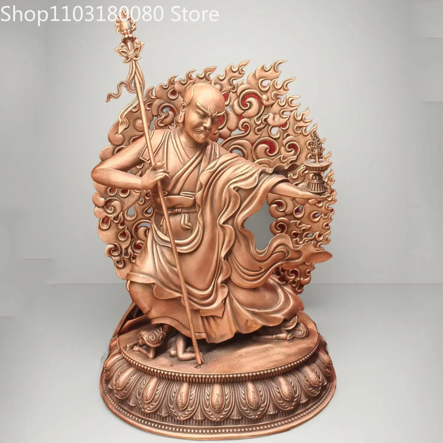 23cm Red Copper Hand Carved Pema Damsong Statue Tibetan Buddhist Dharmapala Padma Damsong Sculpture Altar Decor