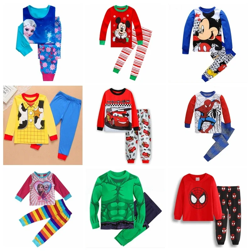 Mickey Mouse Clothes Set Girls Minnie Pajamas Spiderman Outfit Kids Sleepwear Cotton Spring Pyjamas Boys Long Sleeve Top Pants