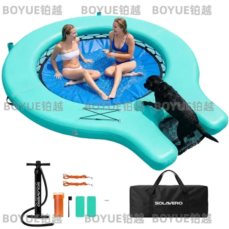 Inflatable Floating Dock with Boat Ramp Mesh Water Hammock Lounger Large Lake Float Platform with Cup Holders for Pool Sea