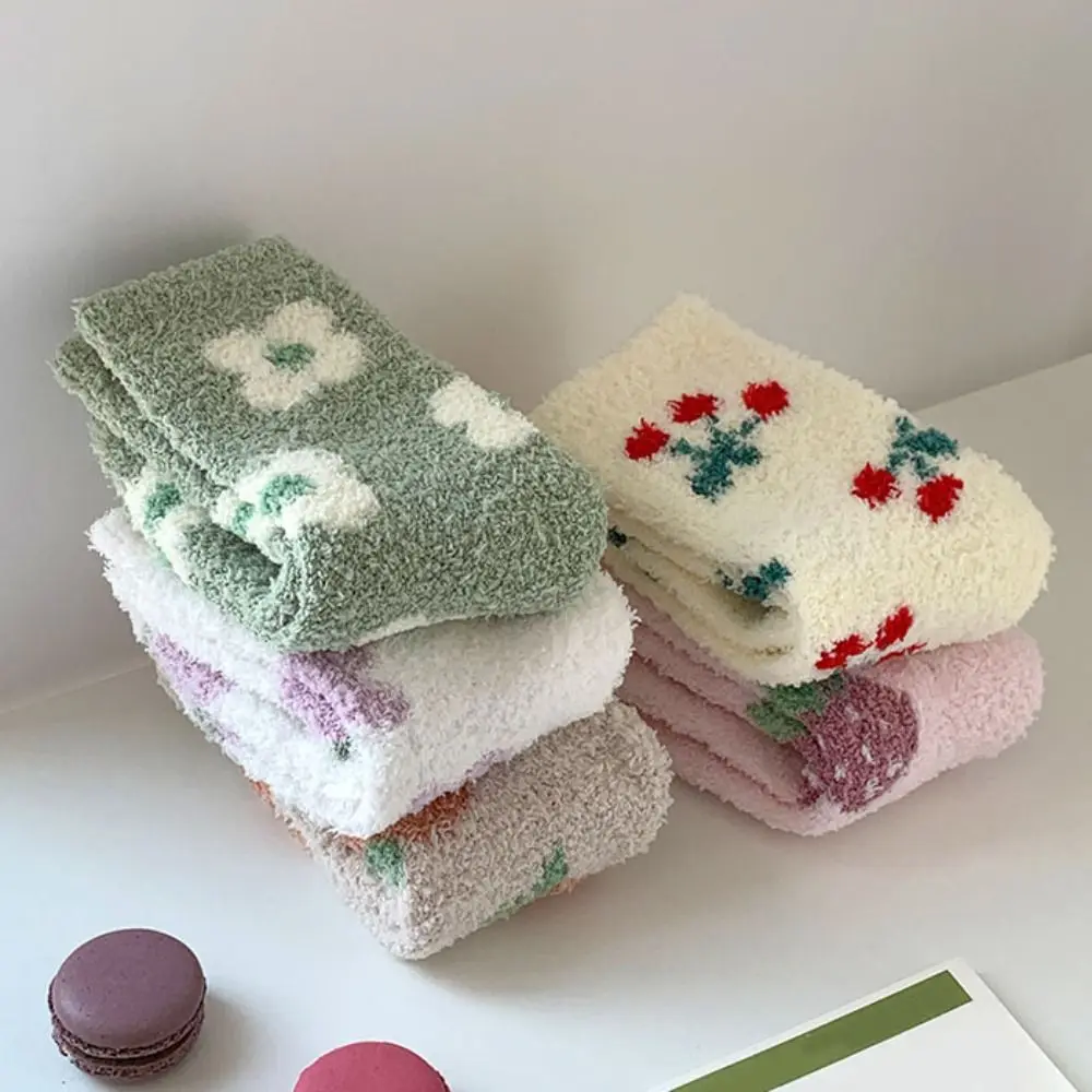 Cute Thickened Coral Fleece Socks Flower Strawberry Sleeping Floor Plush Socks Winter Hosiery Warm Socks Women For Girls