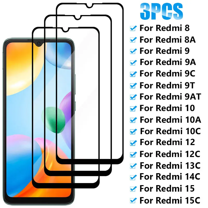 

3PCS Full Tempered Glass For Xiaomi Redmi 10 10C 10A 9 9C 9A 9T 8A 8 9AT Screen Protector For Redmi 15 15C 14C 13C 12C 12 Glass