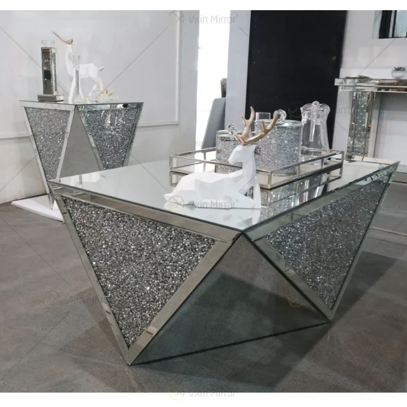 Cross-border modern mirror coffee table, glass corner, diamond finish, living room, geometric tea table