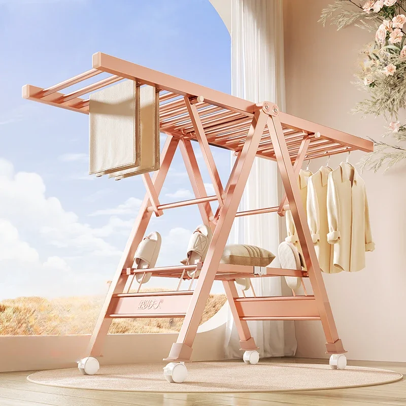 

Indoor Aluminum Alloy Clothes Drying Rack with Wheels for Household Use Foldable Floor Standing Clothes Drying Pole