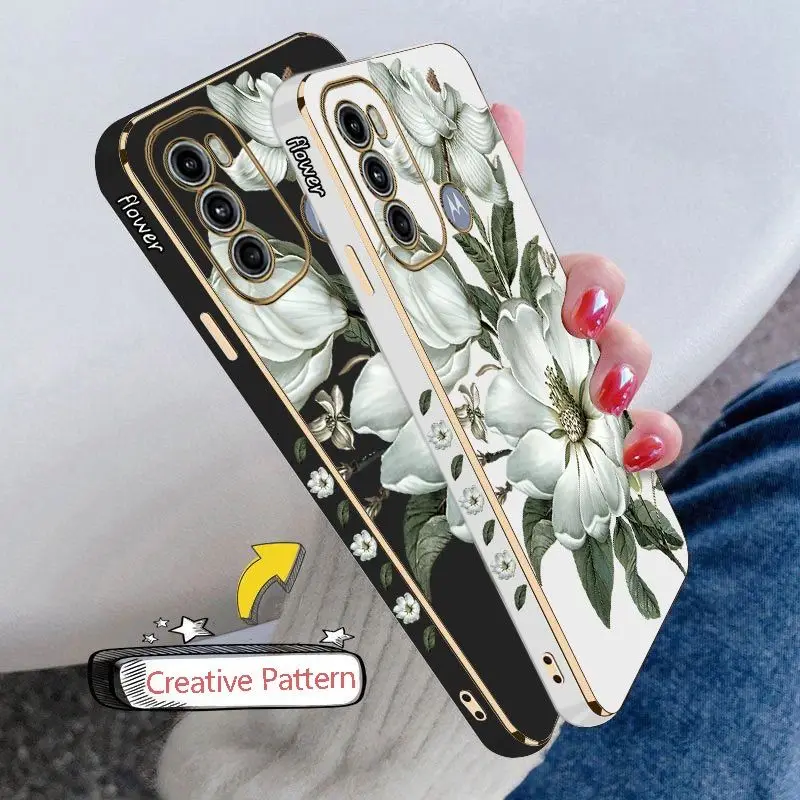 Blooming Jasmine Luxury Plating Phone Case For Motorola Moto G60 G50 G53 G52 G42 G30 G20 G22 G52 E20 G9 Play Cover